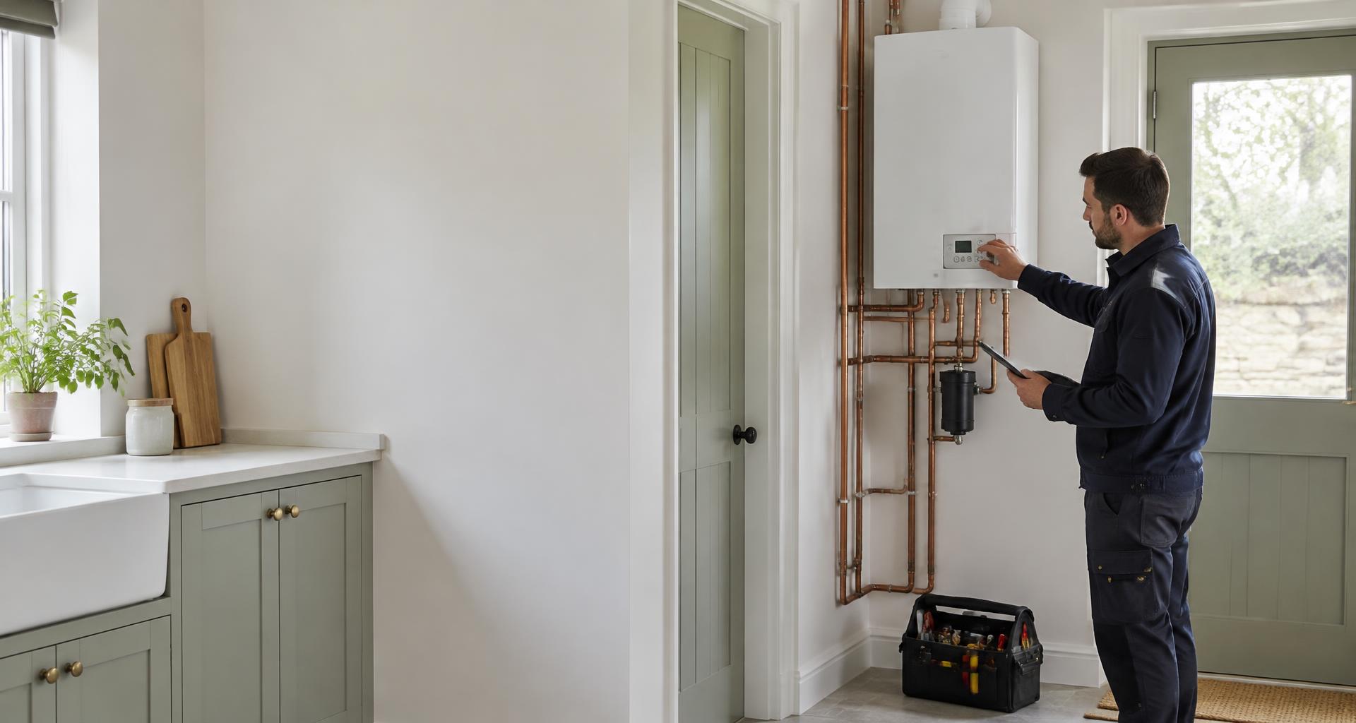 Illustrative image of a plumbing professional inspecting a modern home boiler